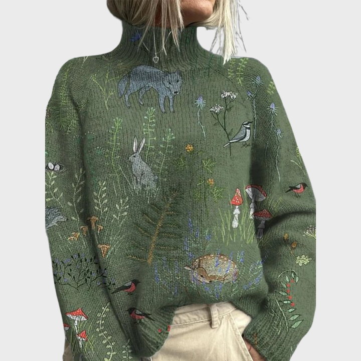 Elena - Knitted Sweater with Forest and Animal Print and Turtleneck
