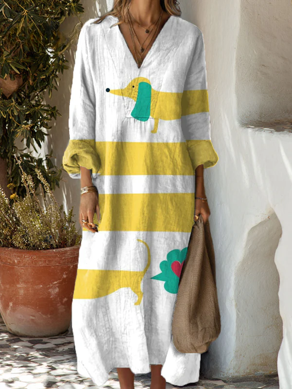 Norde | Dachshund Art Print Linen Pocket Dress