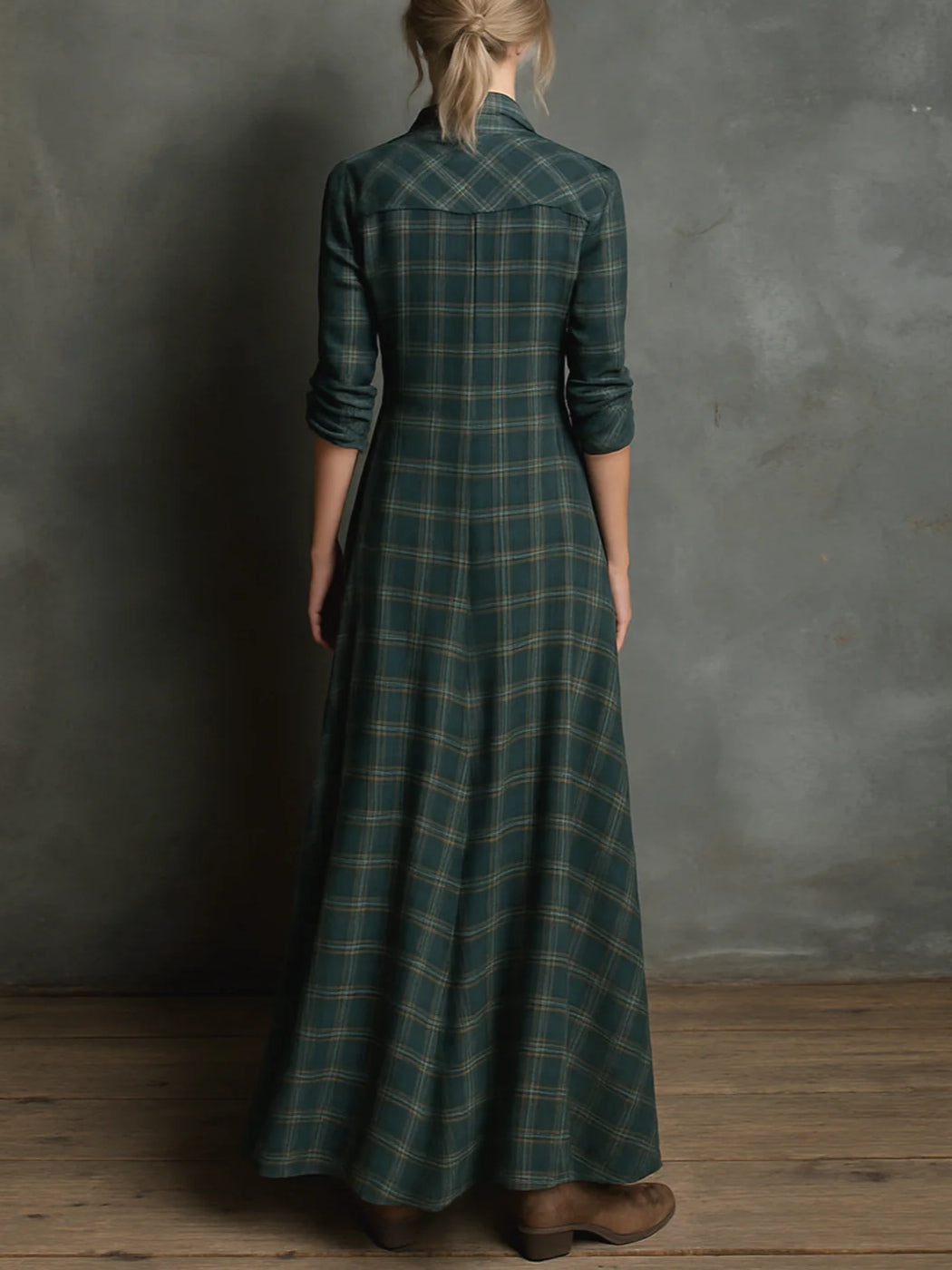 Victoria | Plaid Lapel Single-Breasted Shirt Long Dress